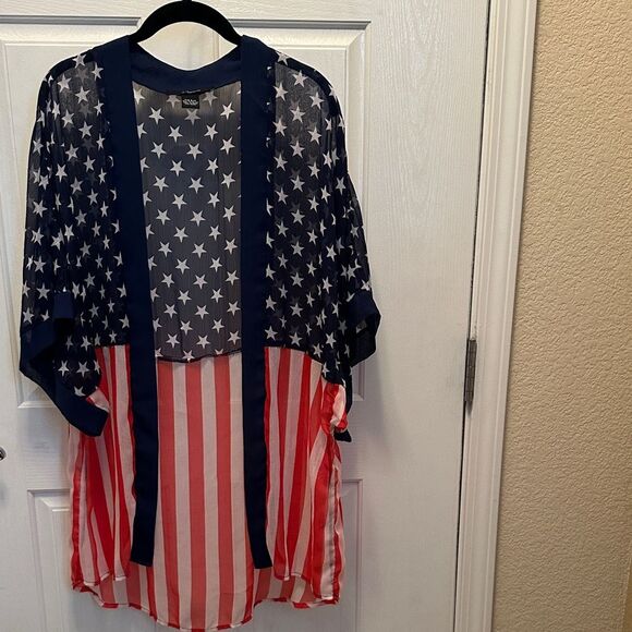 Cejon Tops - Cejon Navy and Red Sheer Star Striped Kimono